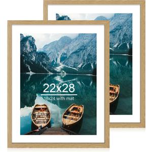 22x28 Frame Set of 2, Natural Oak Wood Style - Display 18x24 Picture Frame with Mat or 22 x 28 Poster Frame without Mat, Wall Mounting Horizontal and Vertical