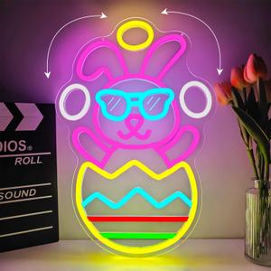 Easter Neon Sign for Wall Decor Bunny Throwing Eggs Led Sign Animated Bunny Neon Light Easter Decorations Funny Rabbit Light Up Signs for Window Spring Bar Home Holiday Party Gifts Business Coffee