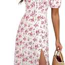 BLENCOT Womens Casual Summer Square Neck Short Sleeve Split Thigh Cotton Dress Boho Floral Print Tie Front Midi Dresses