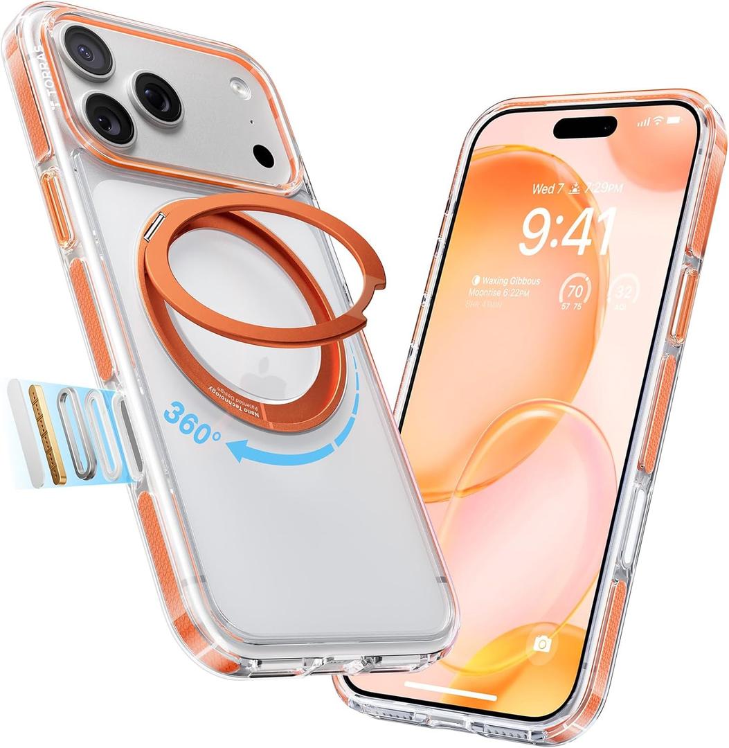 TORRAS 360 Magnetic Stand for iPhone 17 Pro Case, [Rotatable Sturdy Kickstand][Fit for MagSafe][4X Mil-Grade Shockproof] Slim Transparent Phone Cover, Camera Button, Clear Orange, Ostand O3 Fitness