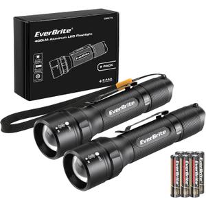 EverBrite 400 Lumens Aluminum LED Flashlight, Zoomable Flashlight with Lanyard&Clip, 4 Modes, IPX4 Waterproof, for Camping Hiking, Emergency, EDC, Survival Use, Batteries Included(2-Pack)