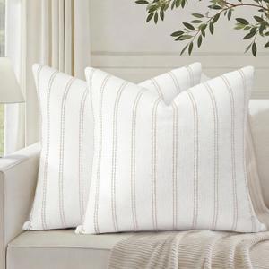 2 x HOMEIDEAS Decorative Cream Throw Pillow Covers 20x20 Set of 2, Striped Textured Farmhouse Pillow Covers, Soft Chenille Cushion Covers for Couch Sofa Bed Home Decor