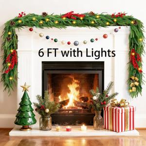 6FT Christmas Garland with Lights, Real Touch Norfolk Pine Garland with Pinecone Red Berry Bells, Faux Cedar Garland for Mantle Table Stairs Front Door Indoor Decor