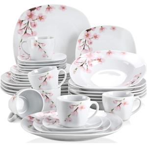 VEWEET Annie Porcelain Dinnerware for 6, 30-Piece Pink Floral Dish Set With Plates and Bowls Including Dinner, Dessert, Soup, Cups & Saucers