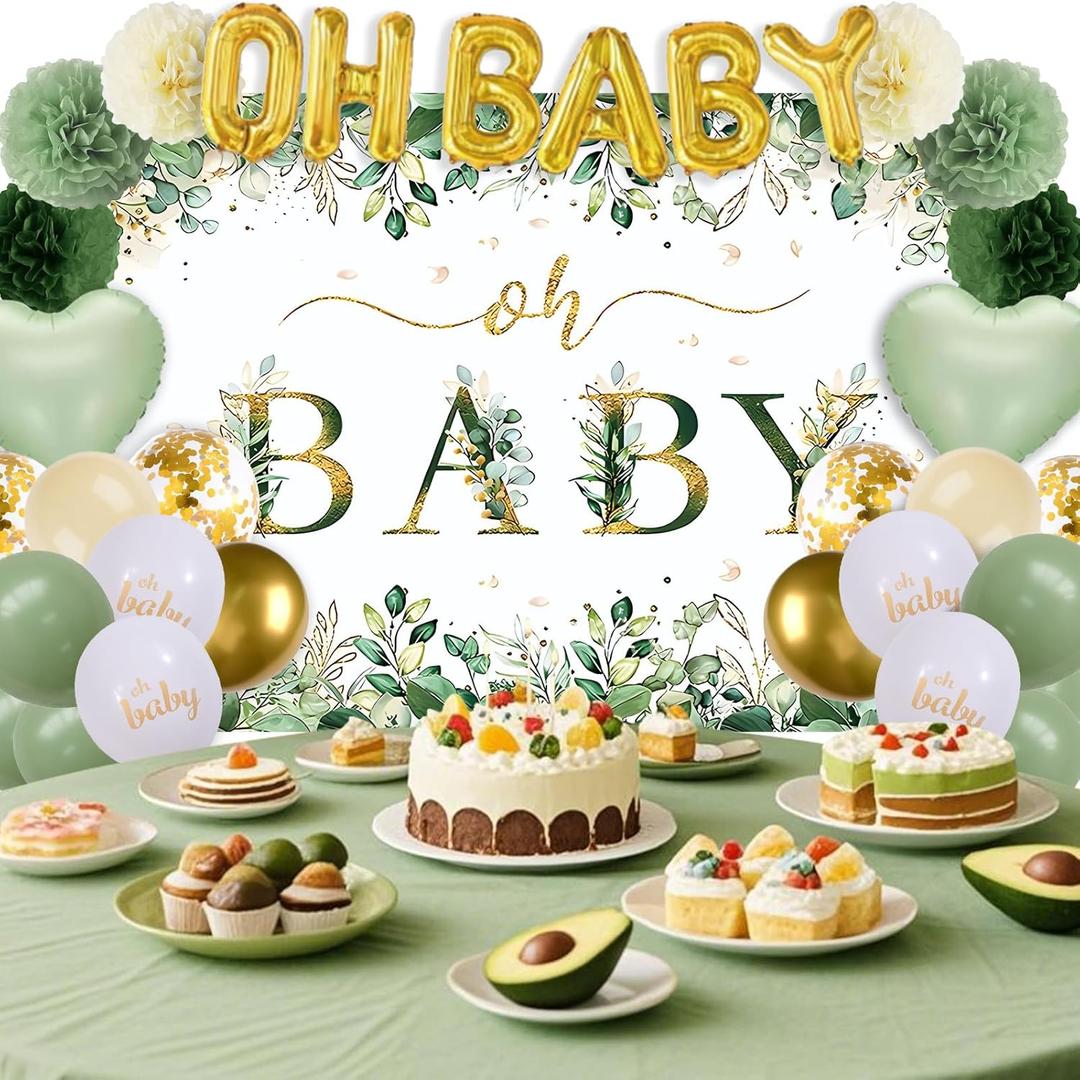 Sage Green Baby Shower Decorations Set- Sage Green Balloon Arch Kit, Pom Poms, OH BABY Banner, Backdrop, tablecloth for Gender Reveal Party Supplies