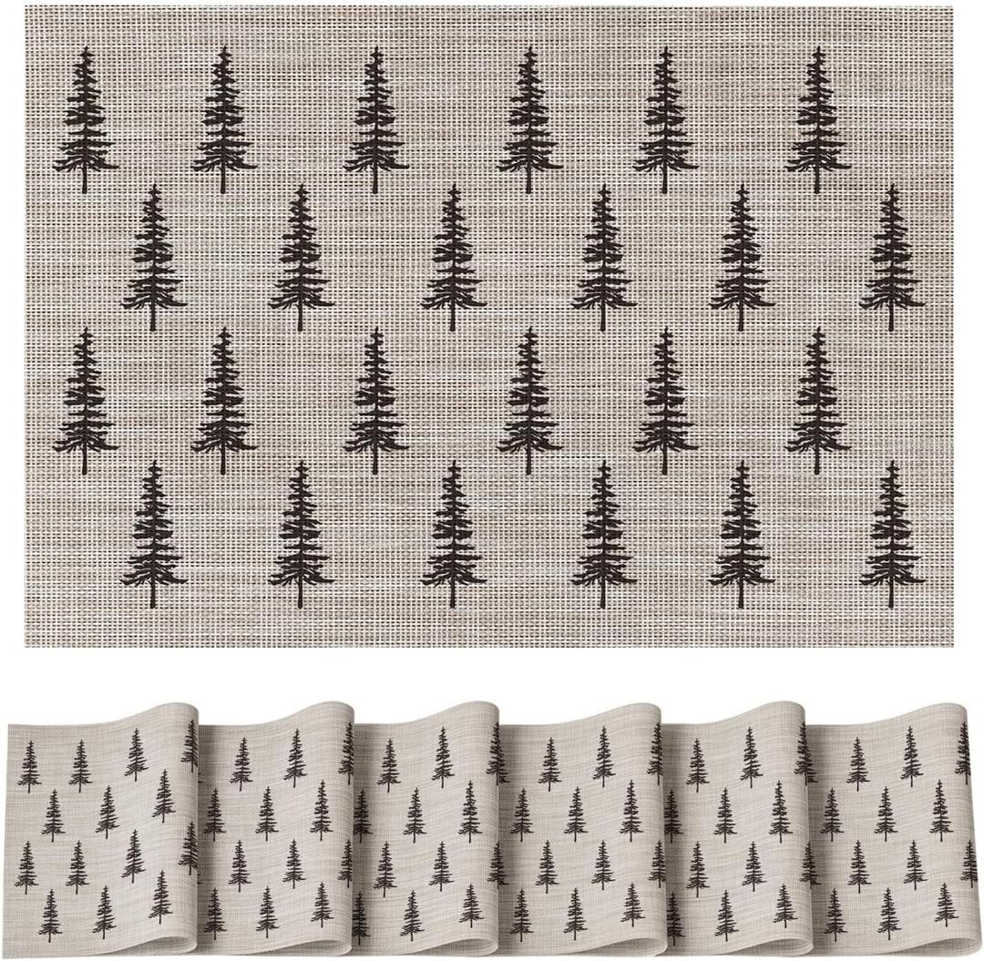 Artoid Mode Xmas Tree Christmas Vinyl Placemats Set of 6, 12x18 Inch Washable Plastic PVC Non-Slip Woven Winter Table Mats for Party Kitchen Dining Decor (Beige)
