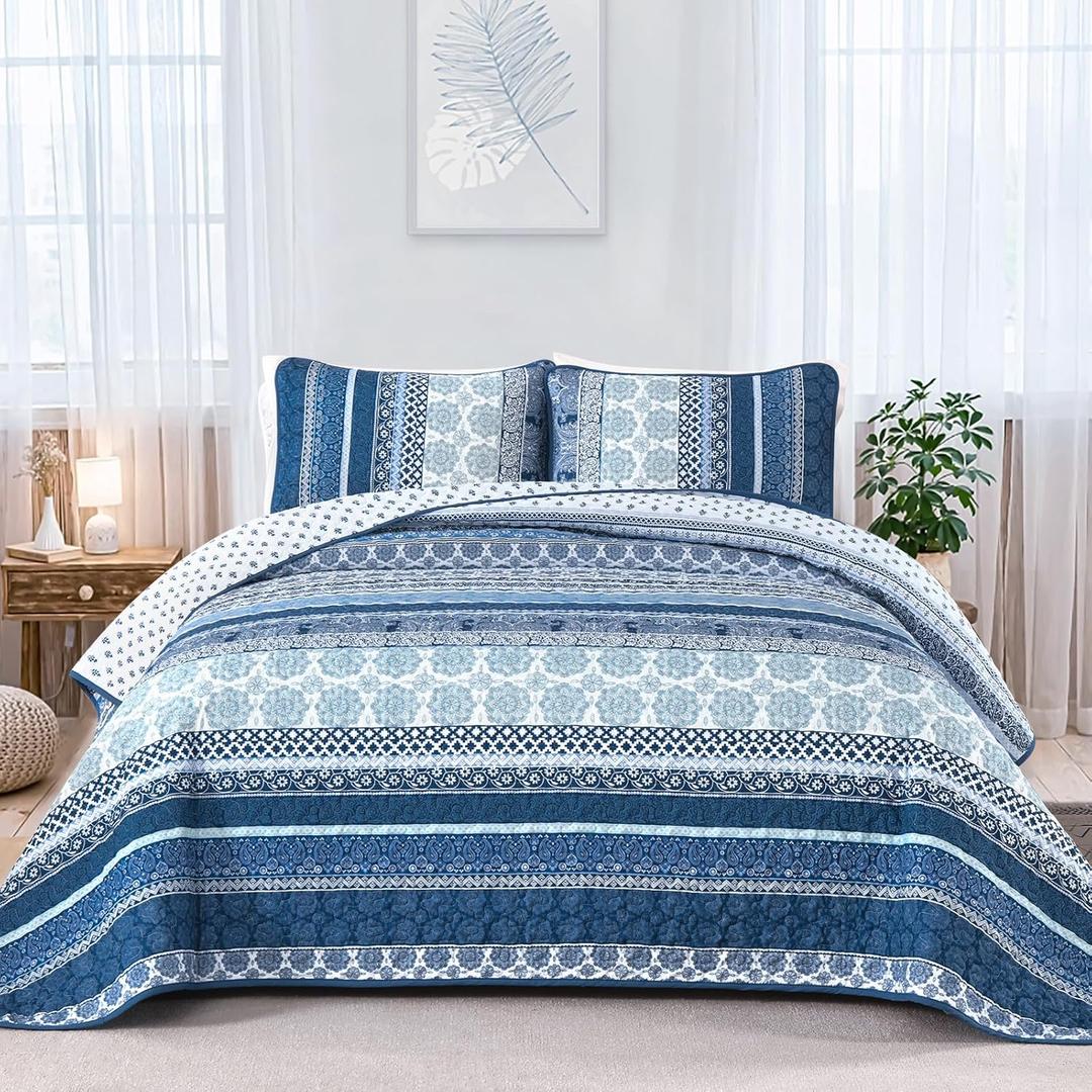 WONGS BEDDING Boho Quilt Set King Size, Navy Blue Bohemian 3 Pieces Quilt Sets, Lightweight Microfiber Bedspread Coverlet Bedding Set for All Season (104"x90")