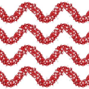 4 Strings Total 26.4 ft Christmas Snowflake Tinsel Garlands  Each 6.6 ft Red and White Metallic Holiday Garland for Christmas Tree, Mantel, Party, and Winter Decorations