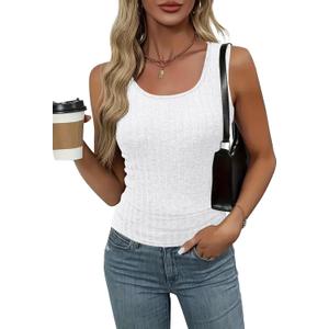 Womens Tank Tops Crewneck Sleeveless Summer Sweaters Vest Casual Basic Tees Ribbed Shirts (White, M)
