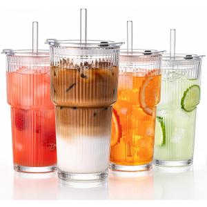 GOSCHE 20oz Glass Tumblers with Straws and Lids, Ribbed Iced Coffee Cups Leak-proof, Dishwasher Safe, Thickened Glass Cups with Lids Ideal for Coffee and Travel, Clear, 4 Pack