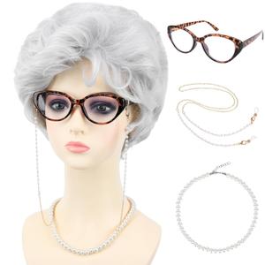 White Old Lady Costume Wig for Women with Glasses Chain Necklace - Short Curly Grandma Wigs for Older Women Granny Outfit - Perfect for 100th Day of School Costume & Parties (Silver White) (Adult Size)
