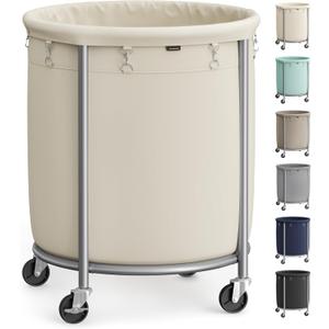 SONGMICS 50.2-Gallon (190 L) Laundry Basket with Wheels, Rolling Round Heavy-Duty Laundry Hamper Cart with Steel Frame and Removable Bag, 2 Locking Wheels, Cream White and Metallic Silver URLS01MZ