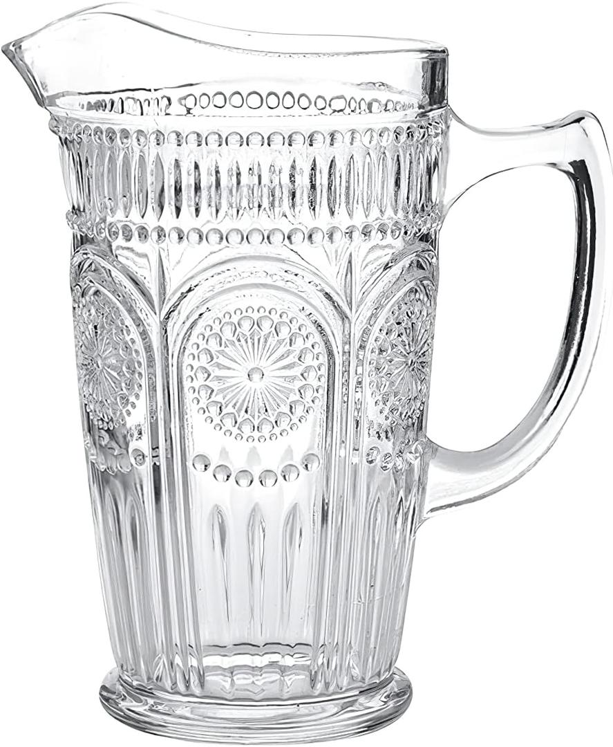 Kingrol 50 oz Glass Pitcher, Vintage Water Carafe Jug for Ice Tea, Juice, Milk, Beverages, Heat Resistant Glass Carafe for Hot/Cold Water
