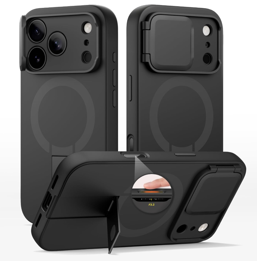 SURITCH for iPhone 17 Pro Max Case with Camera Control Cover, Camera Cover and Adjustable Kickstand, Compatible with MagSafe, Shockproof Bumper Protective Cases 6.9 Inch, Black