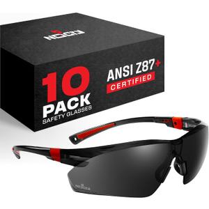 NoCry Work and Sports Safety Sunglasses with Green Tinted Scratch Resistant Wrap-Around Lenses and No-Slip Grips, UV 400 Protection. Adjustable, Black & Red Frames (10 pack)