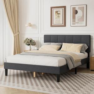 Sweetcrispy Queen Size Wood Bed Frame - Linen Upholstered Platform Bed with Headboard, No Box Spring Needed with 800LBS Sturdy Wooden Slats Support, Noise Free, Easy Assembly, Dark Grey