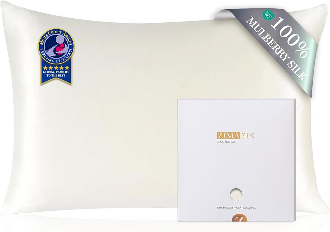 ZIMASILK 100% Pure Mulberry Silk Pillowcase for Hair and Skin Health,Soft and Smooth,Both Sides Premium Grade 6A Silk,600 Thread Count,with Hidden Zipper,1pc (Queen 20''x30'',Ivory)