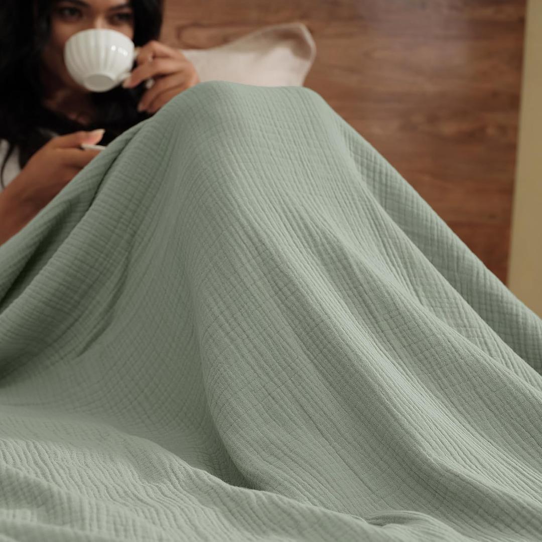 David's Home Pre-Washed 100% Cotton Muslin Throw Blanket, 4-Layer Soft Throw for Bed Couch, Breathable & Lightweight Blankets for Adults Hot Sleepers, Room Decor, Luxury Gift, Sage Green, 50 * 70"