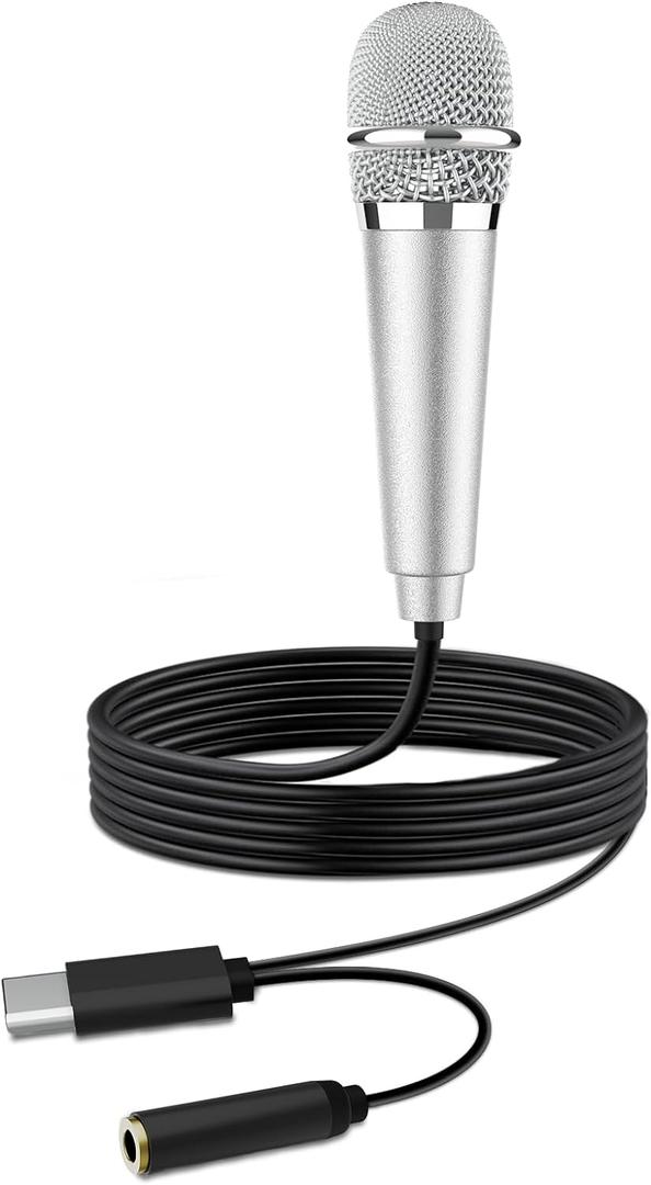 USB C Mini Karaoke Microphone for Android Phone, Laptop, Tablets Small ASMR Microphone for Voice Video Recording Singing, Vlogging, Podcasting YouTube (1 PCS Silver)