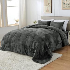 HCORA Faux Fur Comforter Set with Fitted Sheet - Luxury Ultra Soft Fluffy Fuzzy Queen Comforter Set, Cozy Warm Plush Bedding Comforter for Winter, 4 Pcs(1 Comforter +1 Fitted Sheet + 2 Pillowcases)