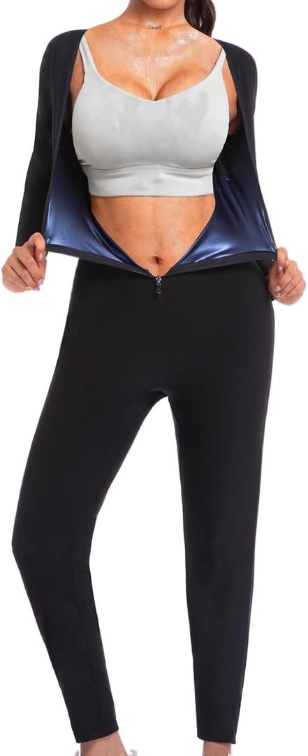 Full Body Sauna Suit for Women Workout Jumpsuit Waist Trainer for Belly Fat Sweat Suit Compression Body Shaper, Black Large
