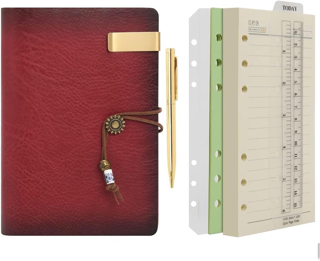 Wonderpool Leather Journal A6 Refillable 6 Ring Binder Notebook with Lined Paper and Pen,Writing Diary for Work Travel and Agenda Plan (A6, Wine red)