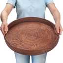 16.9 inch Round Rattan Tray, Woven Large Serving Tray with Handles, Wicker Serving Basket, Coffee Table Decor for Living Room, Reddish-Brown