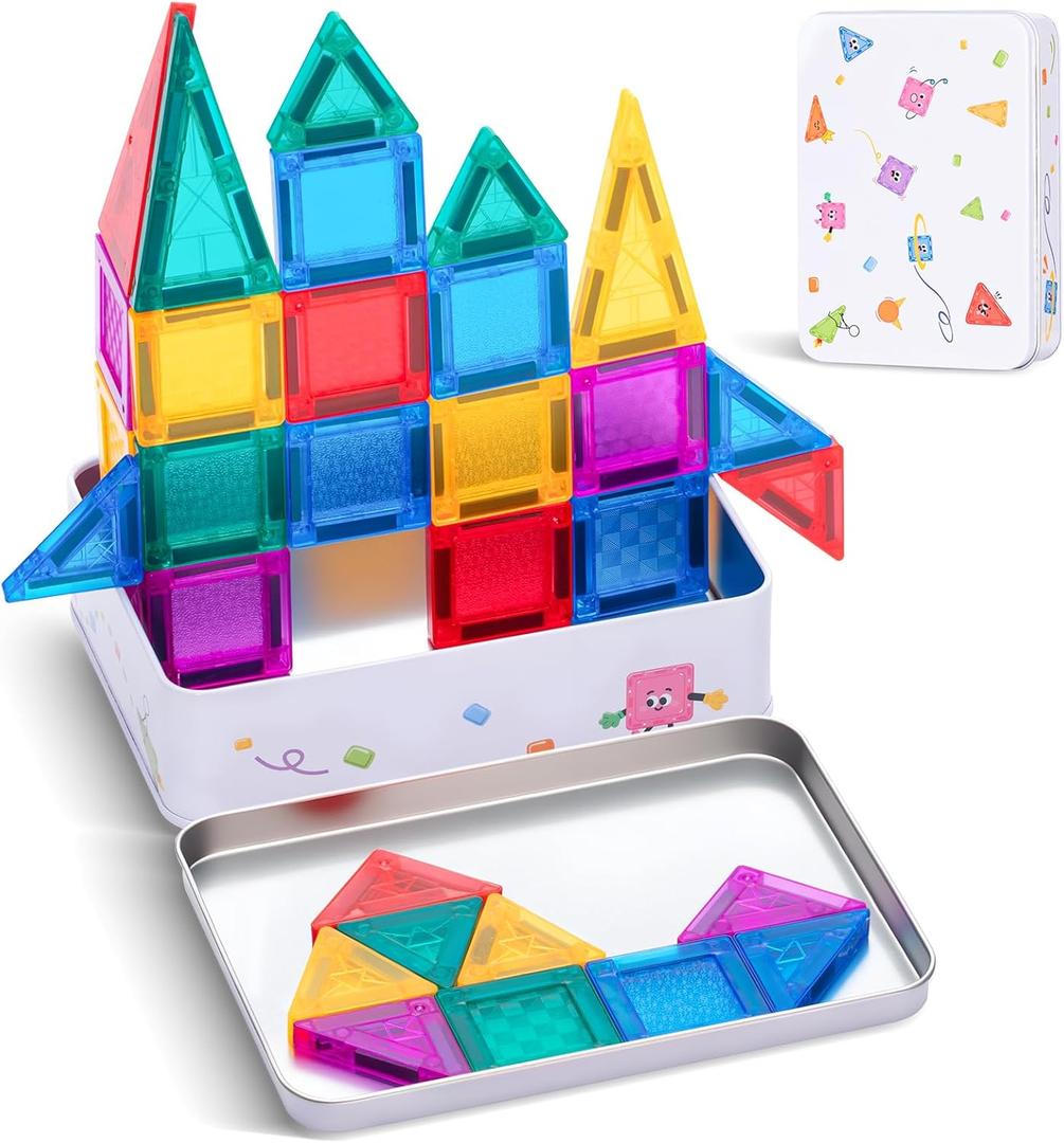 Mini Magnetic Tiles with Iron Case, 60 Pcs Travel Magnetic Toys Set, Magnet Building Block Set, Ideal Travel Companion for Kids 3+, Travel Toys Gifts for Boys & Girls Birthday Christmas