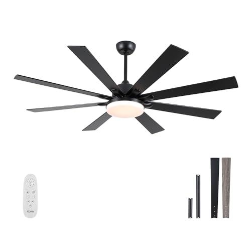 62 Inch Ceiling Fans with Lights,Large Modern Ceiling fan with Remote and 8 Wooden Blades,Dimmable,6 Speeds,Noiseless Reversible Indoor&Outdoor Fan for Bedroom,Patio,Living Room