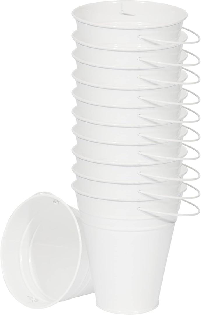 Houseables White Bucket, White Metal Bucket, Small Pail, Galvanized Pail, Mini Tin Container, Metal Pale, with Handle, Tin Cans for Crafts, Party Favor, Candy, Flower, Decorative, Little, 5 Inch, 12PK