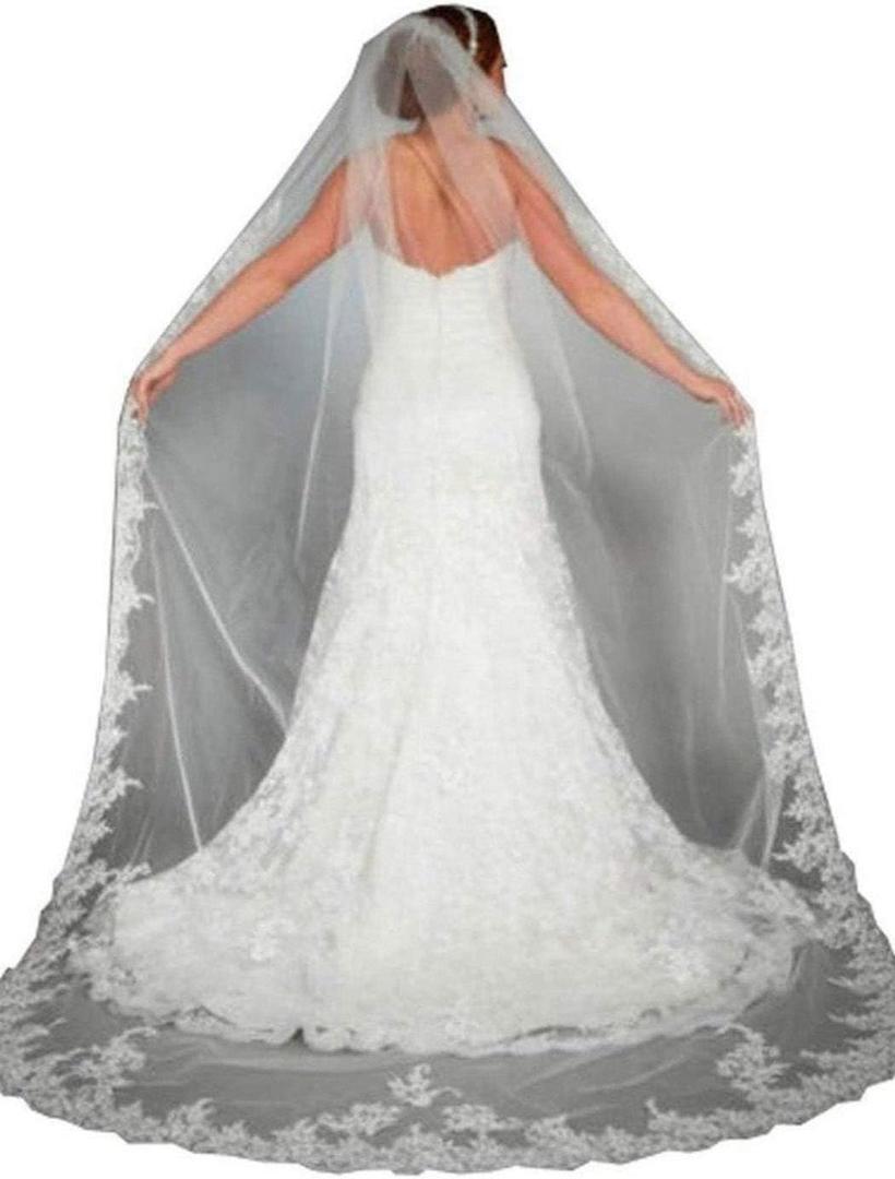 Cathedral Wedding Veil Long Bridal Lace Veil Tulle Hair Accessories With Comb for women Floral 118" Veil Headpeice (White, L)