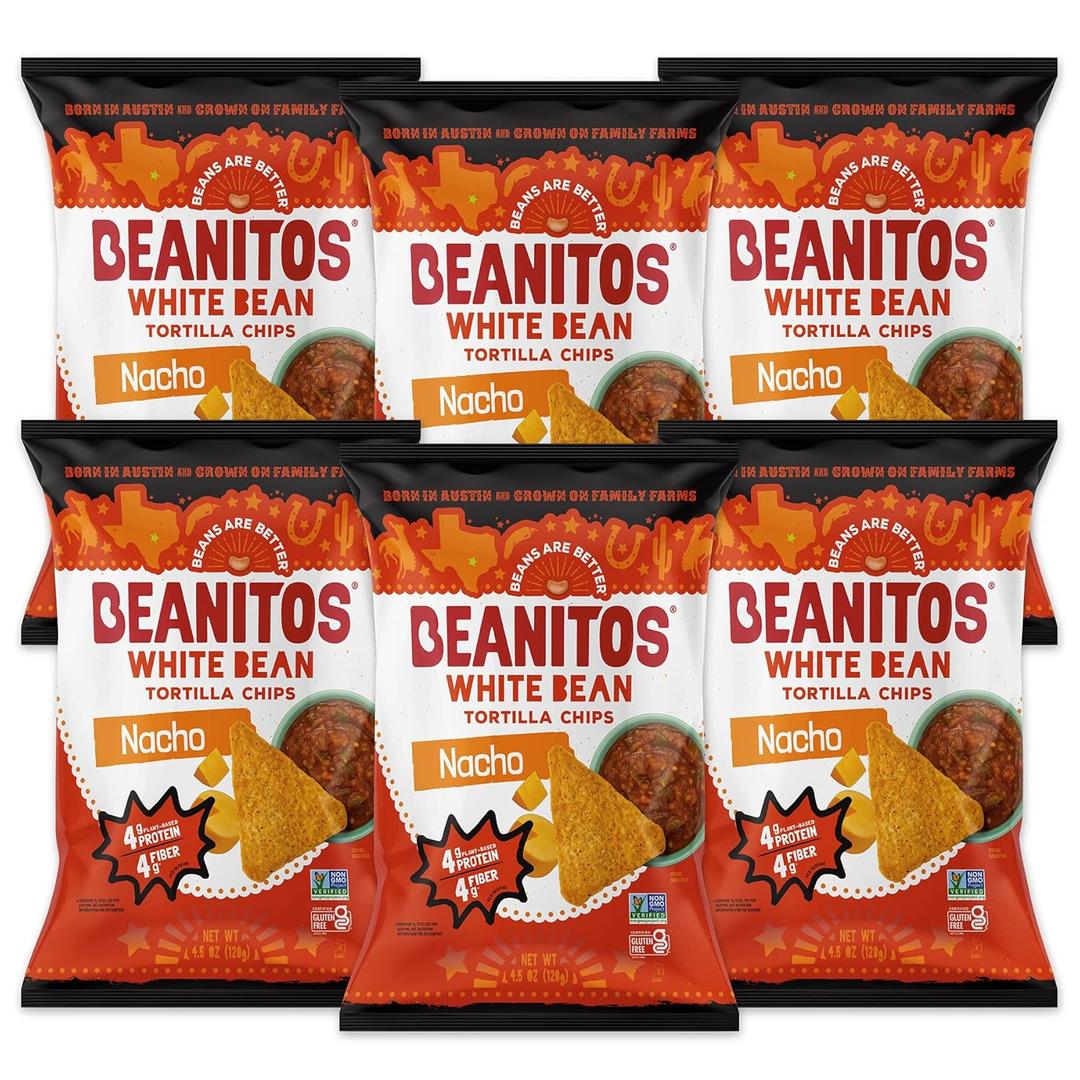 Beanitos White Bean Chips - Nacho Nation - (6 Pack) 4.5 oz Bag - White Bean Tortilla Chips - Vegetarian Snack with Good Source of Plant Protein and Fiber BBD 03/02/26