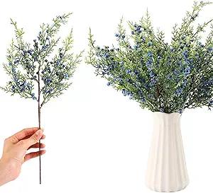 Suncalla 8 Pcs Winter Blue Berry Picks 16" Artificial Glitter Berry Juniper Tree Floral Greenery Stems Iced Winter Decor for Farmhouse Xmas Tree, Vase Fillers, Wreaths, Fireplace Mantels