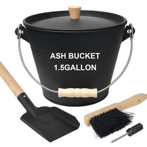Mini Ash Bucket with Lid, Shovel and Broom, 1.5 Gallon Fireplace Metal Bucket with Lid, Charcoal Bucket and Ash Can for Fireplace, Ashes, Fire Pits, Hearth, Wood Burning Stoves