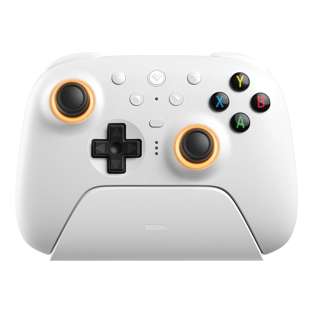 8Bitdo Ultimate 2 Wireless Gaming Controller with TMR Joysticks, Switchable Hall Effect/Tactile Triggers, 8Speed Wireless Tech, Charging Dock, RGB Fire Ring for PC & Android - White