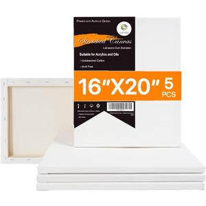 CONDA 16x20 inch Stretched Canvas for Painting, Pack of 5, Primed, 100% Cotton 5/8 Inch Profile Value Bulk Pack for Acrylics, Oils Painting