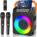 Karaoke Machine with 2 Wireless Microphones, Portable Bluetooth Karaoke Speaker for Adults & Kids with Strobe Lights, Karaoke Microphone with PA System Supports TWS/USB/TF/REC/FM/AUX (Black)