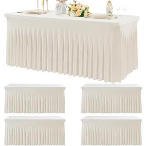 4pk Spandex Ivory Tablecloths for 6 Foot Rectangle Tables, Stretch Table Cloth 6ft Fitted Tablecover Skirt for Parties Weddings Birthday Banquet Baby Shower