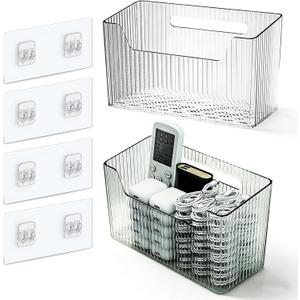 Set Of 2 Storage Organizer Bins Wall Mounted Shower Basket, Shower Caddy Stackable Clear Plastic Makeup Organizer Adhesive Hanging Bin for Bathroom, Kitchen, Cabinet, Pantry, BPA Free, Clear