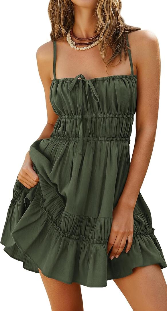 Kate Kasin Womens Sleeveless Backless Mini Dress, Summer Boho Dresses with Pockets, Beach Vacation Flowy Sundress (Green, M)