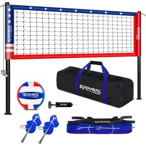 Outdoor Portable Volleyball Net Set with Adjustable Height Steel Poles, Volleyball, Anti-sag Winch System, Pump, Boundary Line, and Carry Bag for Backyard, Beach, Lawn