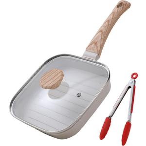 Grill Pan with Lid Non Stick Griddle Pan for Stove Top Indoor Cooking Steak Pan Square Aluminum Skillet Grilling Induction Compatible with Tong White 7.48 inches