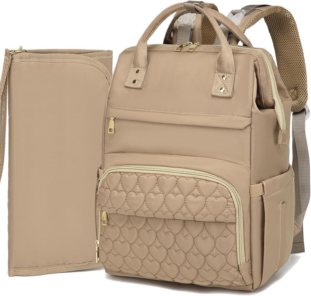 Diaper Bag Backpack with Portable Changing Pad, Large Wide-Open Baby Diaper Bag with Insulated Pockets and Stroller Straps for Boys Girls, Waterproof Travel Diaper Backpack for Mom, Khaki