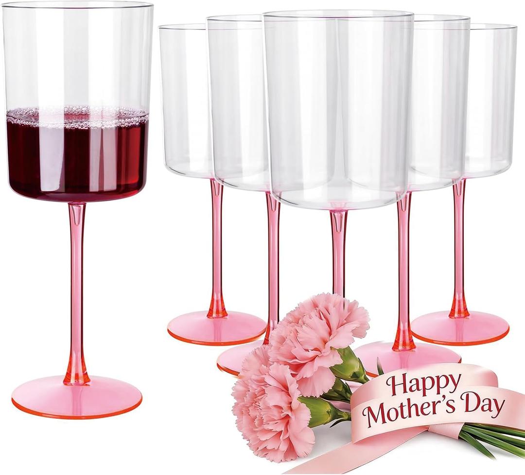 Ciaell 12 Pack 10 Oz Clear Plastic Wine Glasses with Pink Stem - Disposable Cocktail Goblets Perfect for Parties & Weddings & Poolside & Outdoors & Camping & Party & Mother's Day