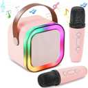 Mini Karaoke Machine for Kids, Portable Bluetooth Speaker with 2 Wireless Microphones,Christmas and Birthday Gifts Suitable for Girls Aged 4 to 12(Pink)