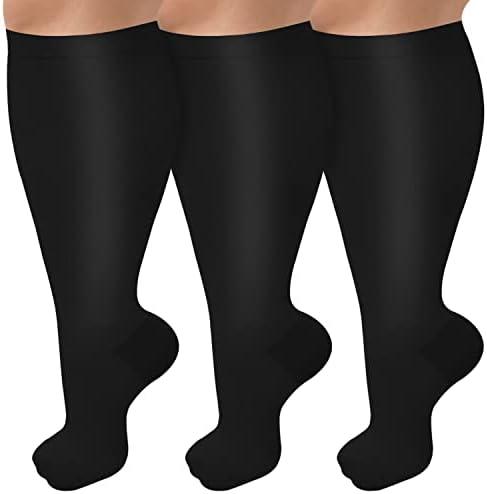 3 Pack Plus Size Compression Socks for Women & Men, Extra Wide Calf Knee High Stockings for Circulation Support, Size XL