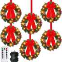 Ceenna Set of 6 Prelit Lighted Christmas Wreath 15 Inch Prelit Christmas Wreath with Large Buffalo Bow Battery Operated with 8 Modes Timer Remote Holiday Indoor Outdoor Decor(Retro)