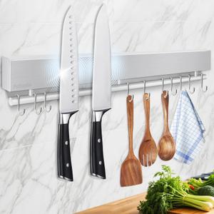 17 Inch Magnetic Knife Holder for Wall - Stainless Steel Knife Magnetic Strip No Drill with 10 Hooks/Adhesive Tape/Screws, Kitchen Utensil Holder, Magnetic Knife Organizer, Wall Mounted Knife Storage