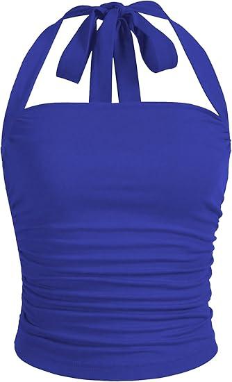 SOLY HUX Women's Ruched Halter Y2K Crop Tops Tie Back Sleeveless Slim Fit Cami Tops Pure Royal Blue XSmall
