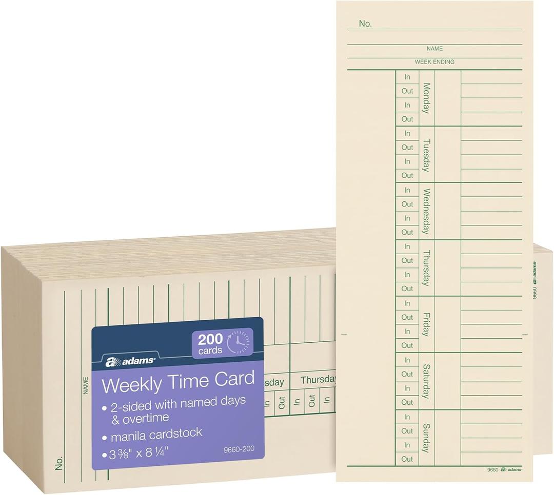Adams Time Cards, Weekly, 2-Sided, Overtime Format, 3-3/8" x 8-1/4", Manila, Green/Red Print, 200-Count (9660-200)